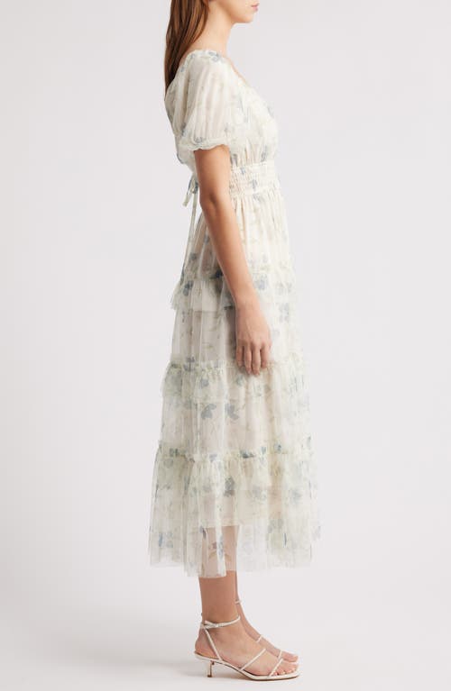 Moon River Floral Short Sleeve Tiered Mesh Midi Dress In Ivory Multi