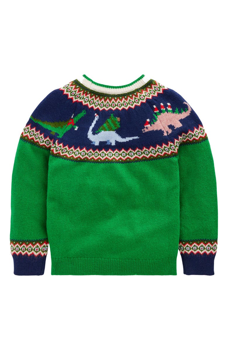 Mini Boden Kids' Fair Isle Christmas Dinosaurs Crewneck Sweater, Alternate, color, Alpine Green Dinosaur