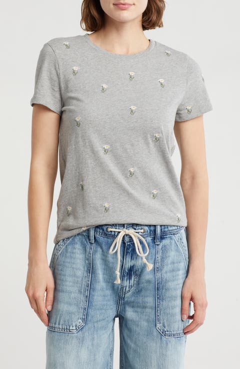 Flower Embroidered Cotton T-Shirt
