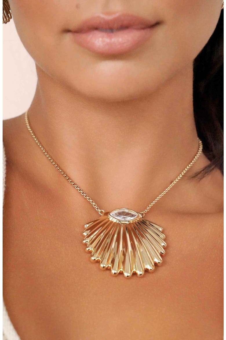Cubic Zirconia Scalloped Shell Pendant Necklace, Alternate, color, GOLD