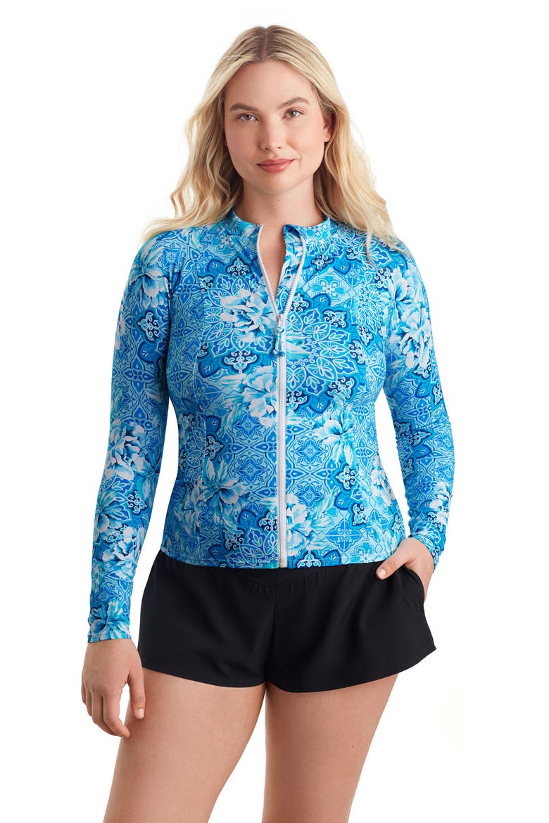 Long Sleeve Full Zip Chlorine Resistant Sunshirt, Main, color, Barcelona Blues