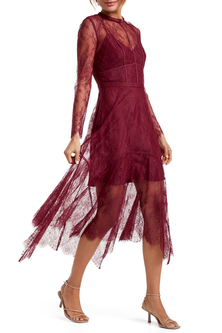 Chantilly Lace Long Sleeve Midi Dress, Main, color, BERRY