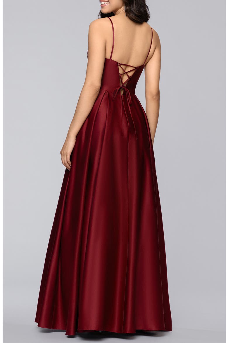 Beaded Embroidery Detail Satin Gown, Alternate, color, WINE