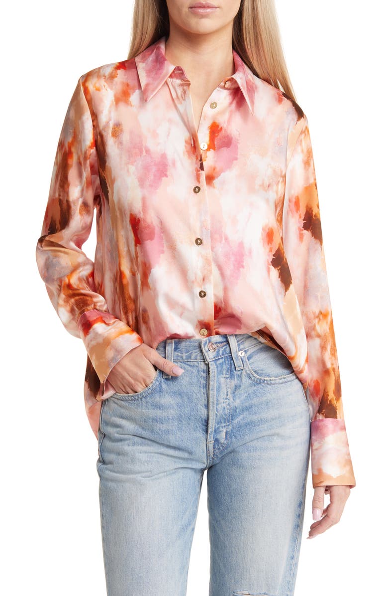 River Island Oversize Watercolor Print Satin Button-Up Blouse, Main, color, Pink