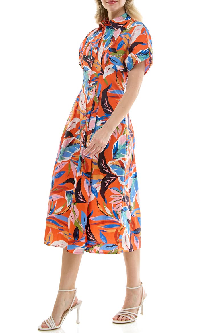 Pintuck Waist Midi Shirtdress, Alternate, color, ORANGE PRINT