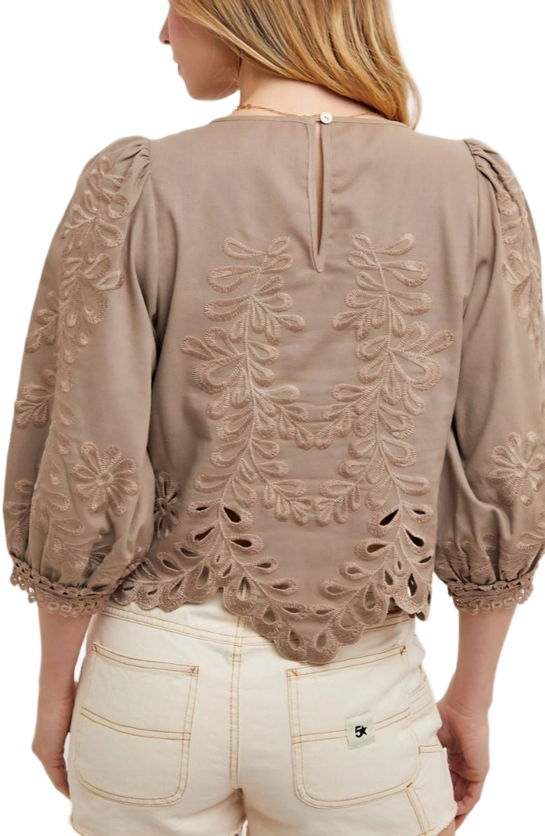 Knit and Lounge Embroidered Puff Sleeve Blouse with Scallop Hem and Cutout Detailing, Alternate, color, Taupe