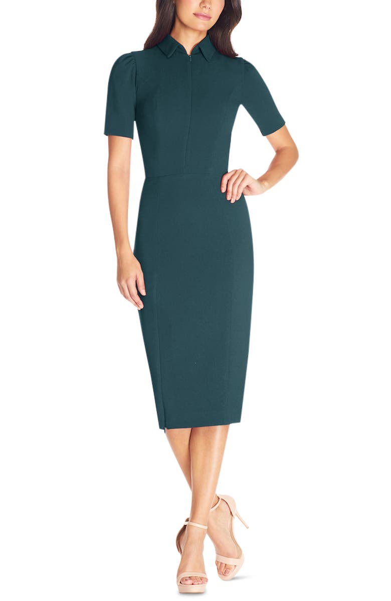 Dress the Population Gloria Front Zip Sheath Dress, Main, color, Pine