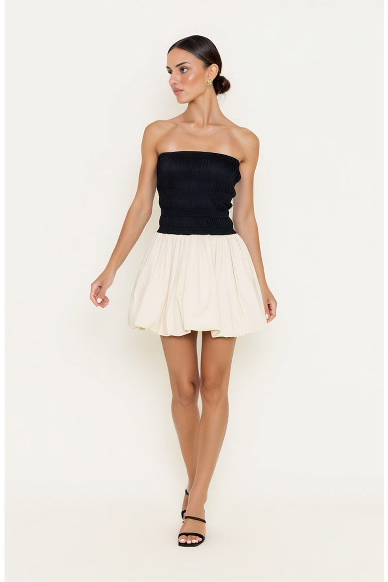 Strapless Bubble Hem Mini Dress with Smocked Bodice, Main, color, Black / Cream