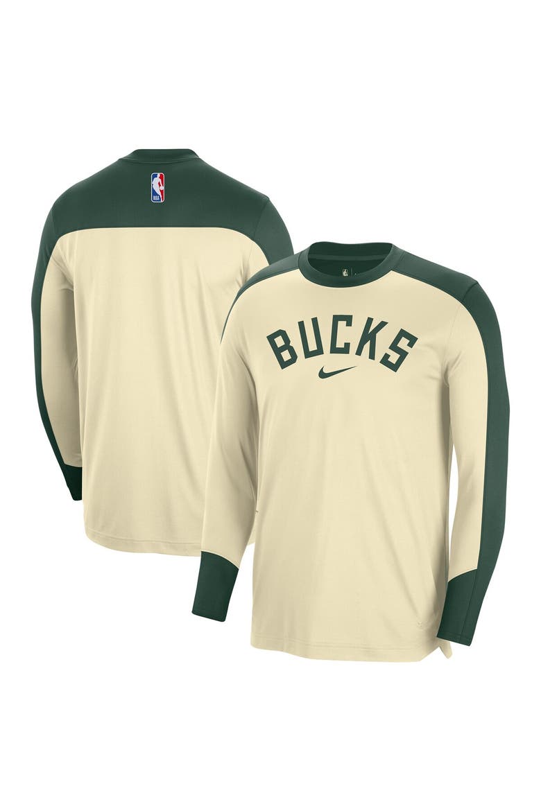 Men's Nike Cream Milwaukee Bucks 2024/25 Authentic Pre-Game Legend Long Sleeve Shooting Shirt, Main, color, Cream