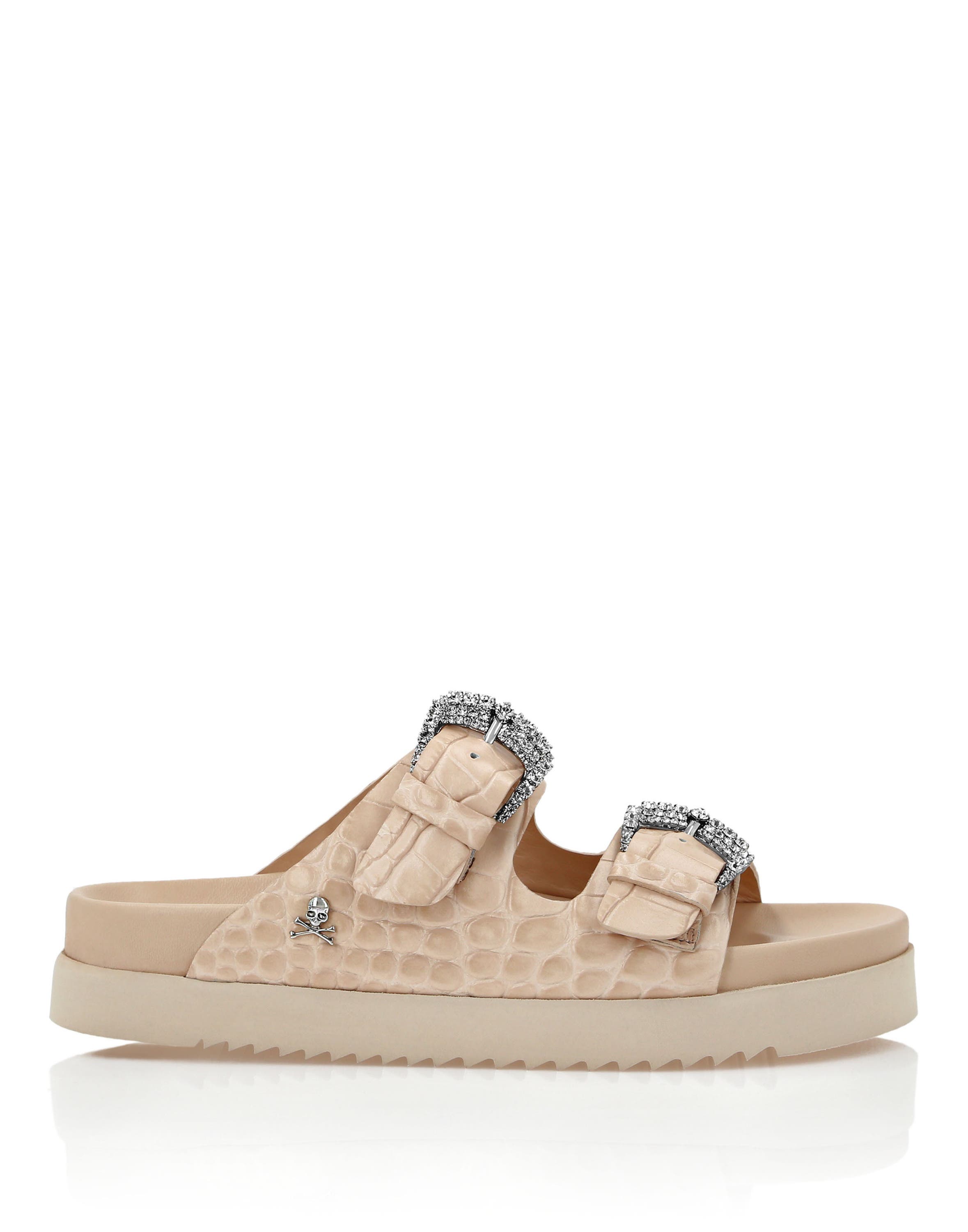 Croco Printed Leather Sandals Flat Crystal Women, Alternate, color, nudepink