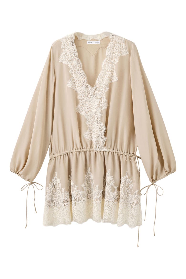 Lace Trim Long Sleeve Minidress, Main, color, BEIGE