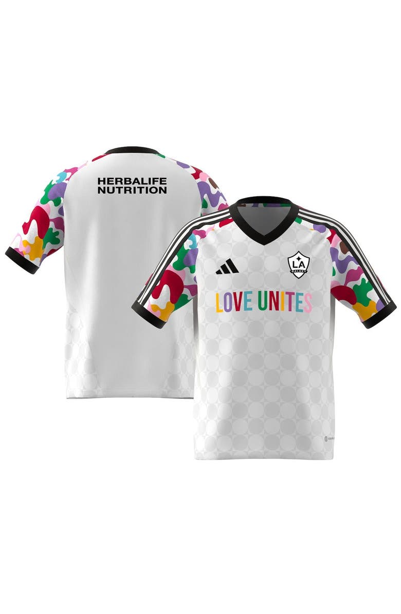 adidas Youth adidas  White LA Galaxy 2023 Pride Pre-Match Top, Main, color, 