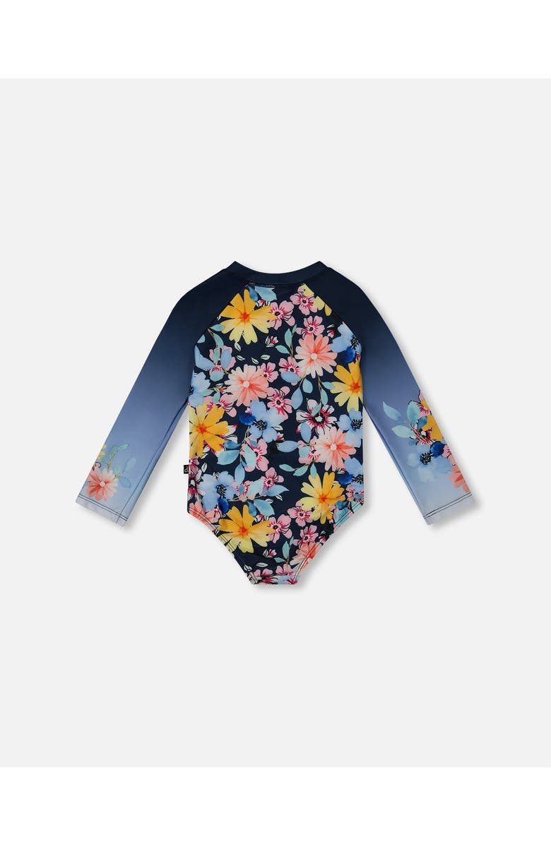 Deux par Deux Little Girl's Printed Long Sleeve Rashguard Navy And Yellow And Pink Flowers, Alternate, color, 