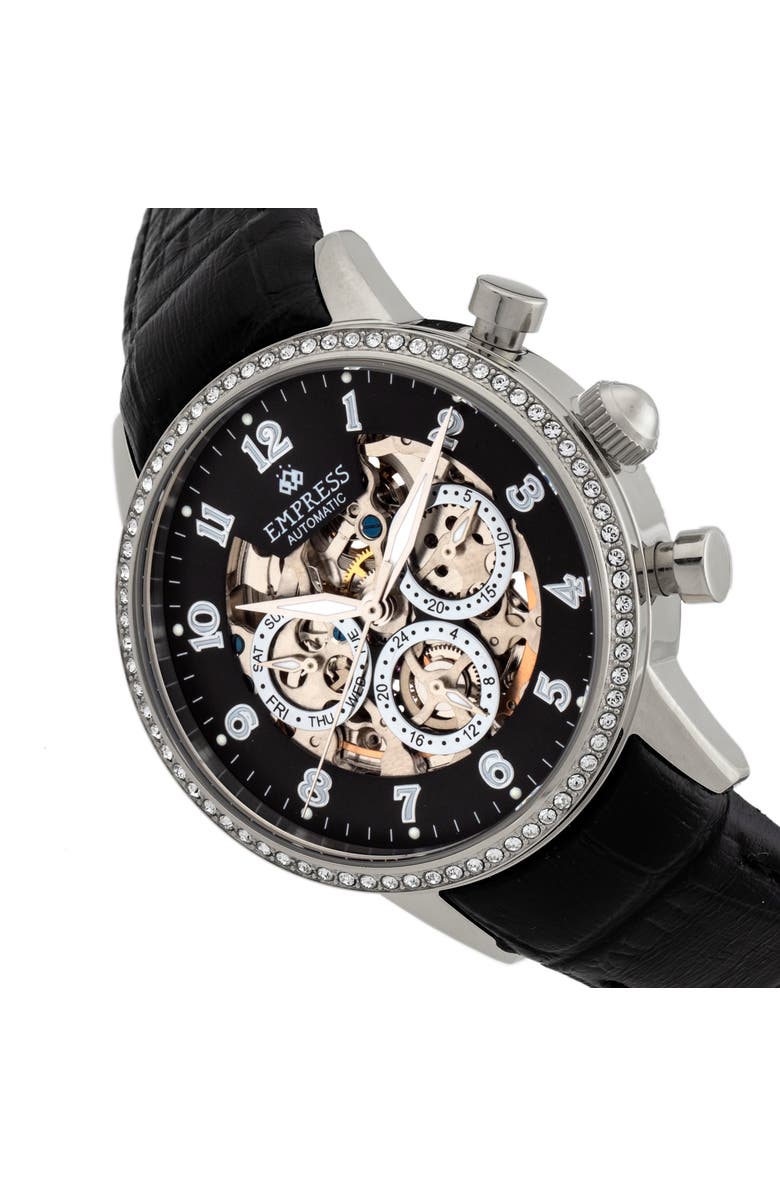 Empress Beatrice Automatic Skeleton Dial Leather-Band Watch with Day & Date, Alternate, color, Black