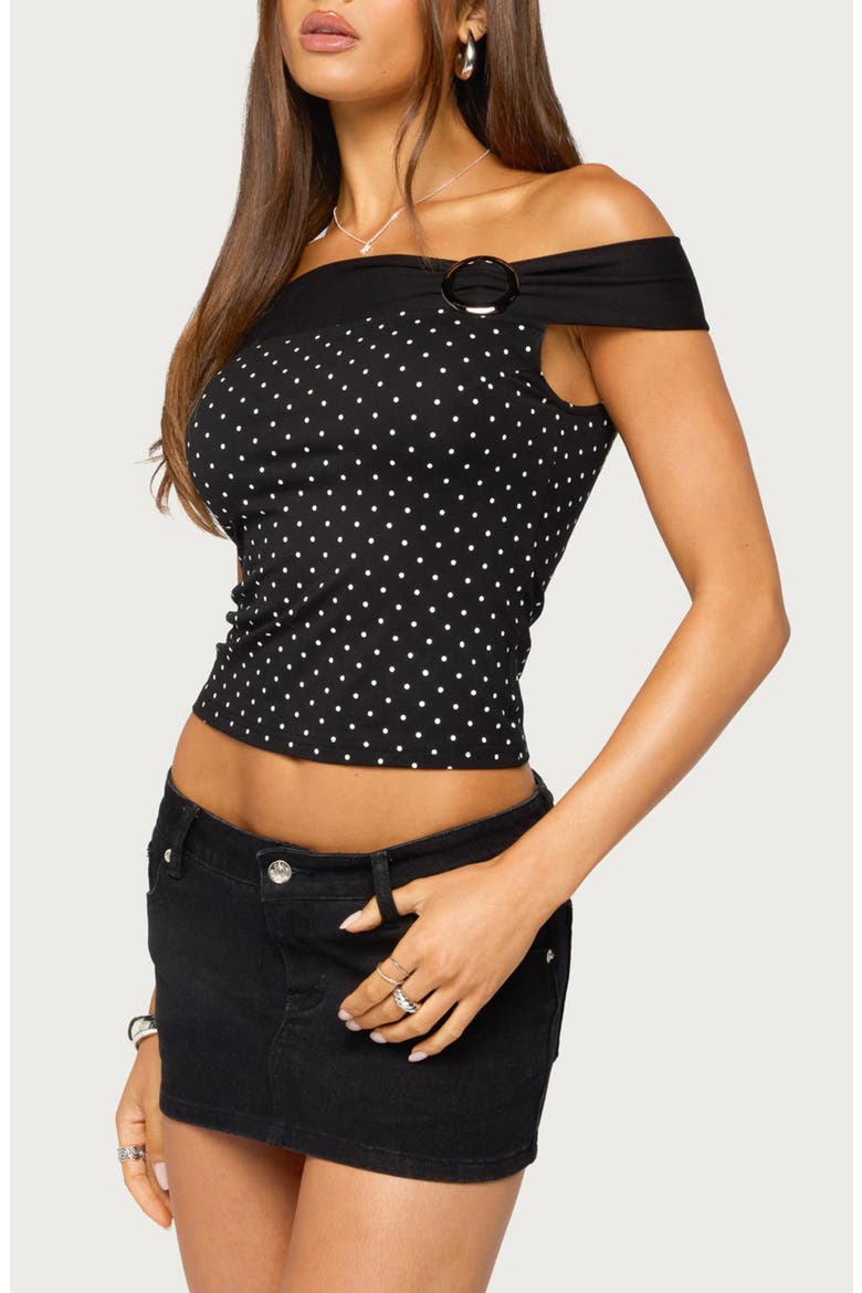 Eela Dot Off the Shoulder Crop Top, Alternate, color, BLACK