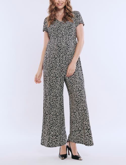 MOTHERHOOD MATERNITY MOTHERHOOD MATERNITY SHORT SLEEVE V-NECK FLARE LEG JUMPSUIT