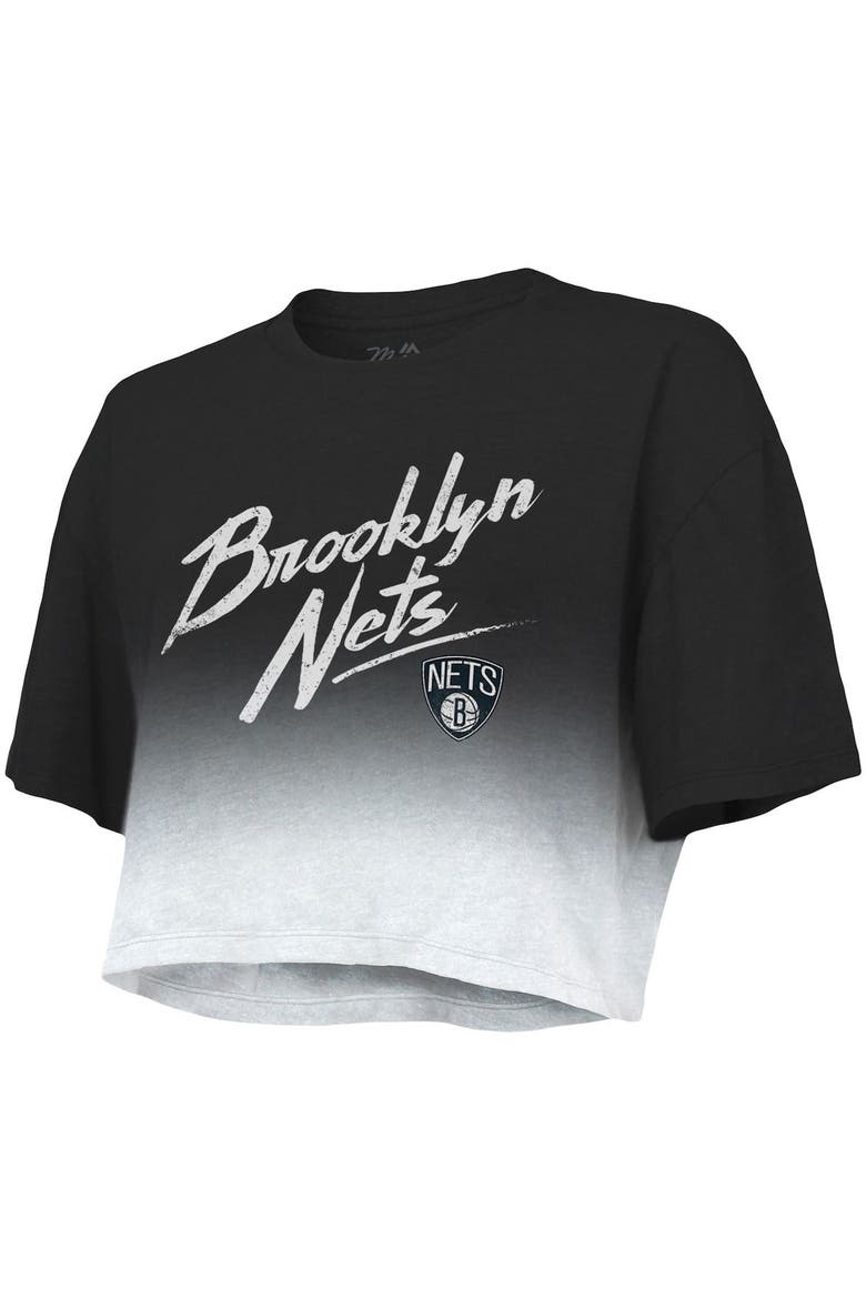 Women's Majestic Threads Black/White Brooklyn Nets Dirty Dribble Tri-Blend Cropped T-Shirt, Alternate, color, Black