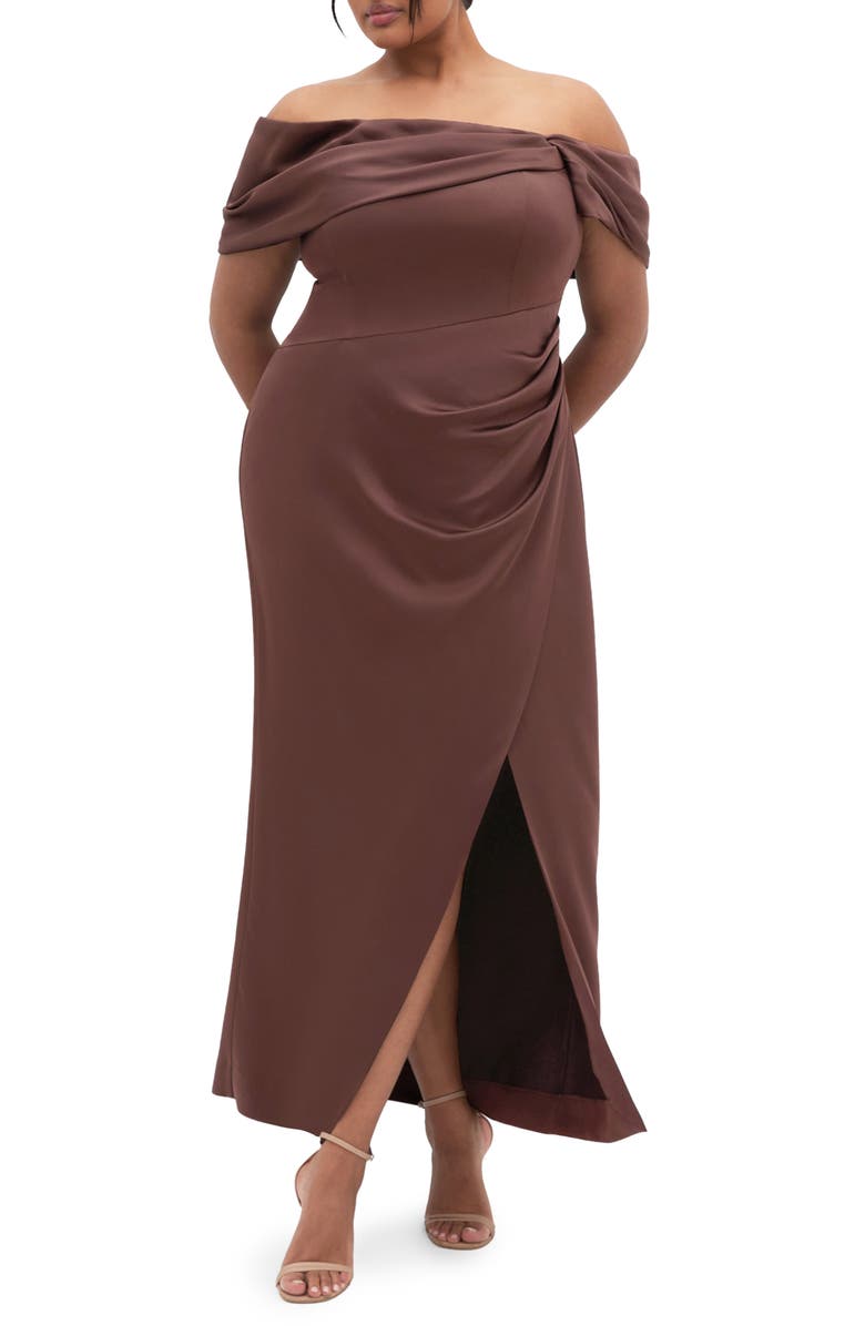 City Chic Paloma Off the Shoulder Satin Maxi Dress, Main, color, Rasin