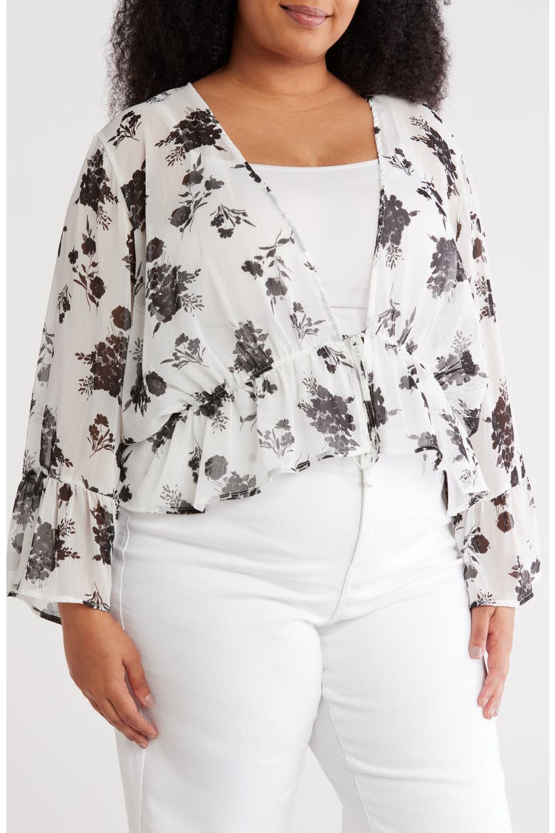 Floral Tie Front Top, Main, color, WHITE/ BLACK