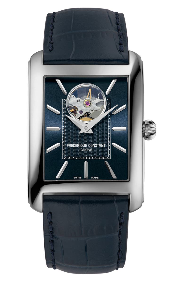 FREDERIQUE CONSTANT Classics Carrée Open Heart Blue Leather Strap Watch, 34.4mm x 33.3mm, Main, color,