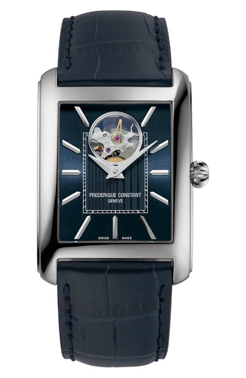 Classics Carrée Open Heart Blue Leather Strap Watch, 34.4mm x 33.3mm