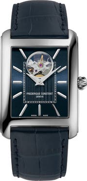 FREDERIQUE CONSTANT Classics Carrée Open Heart Blue Leather Strap Watch, 34.4mm x 33.3mm