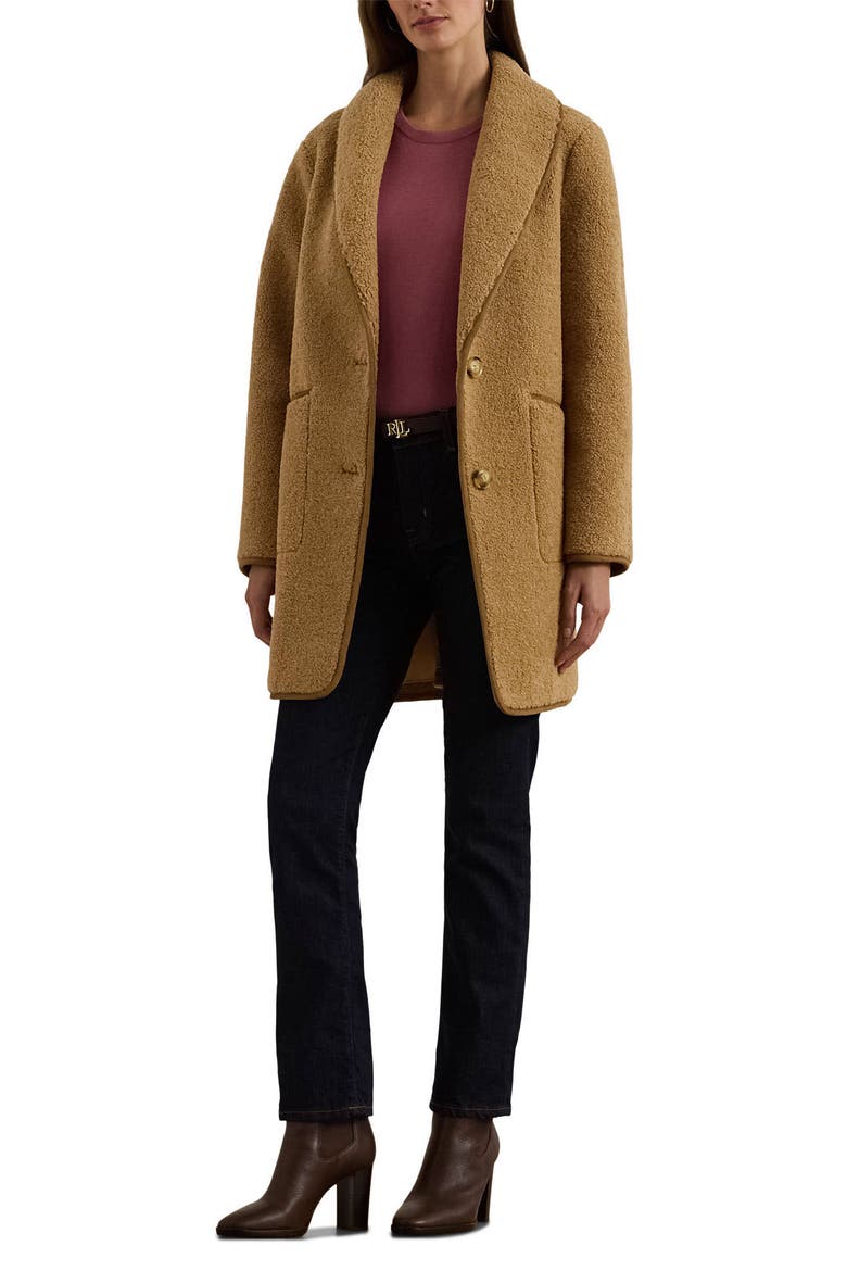 Shawl Collar Faux Shearling Coat, Alternate, color, CAMEL