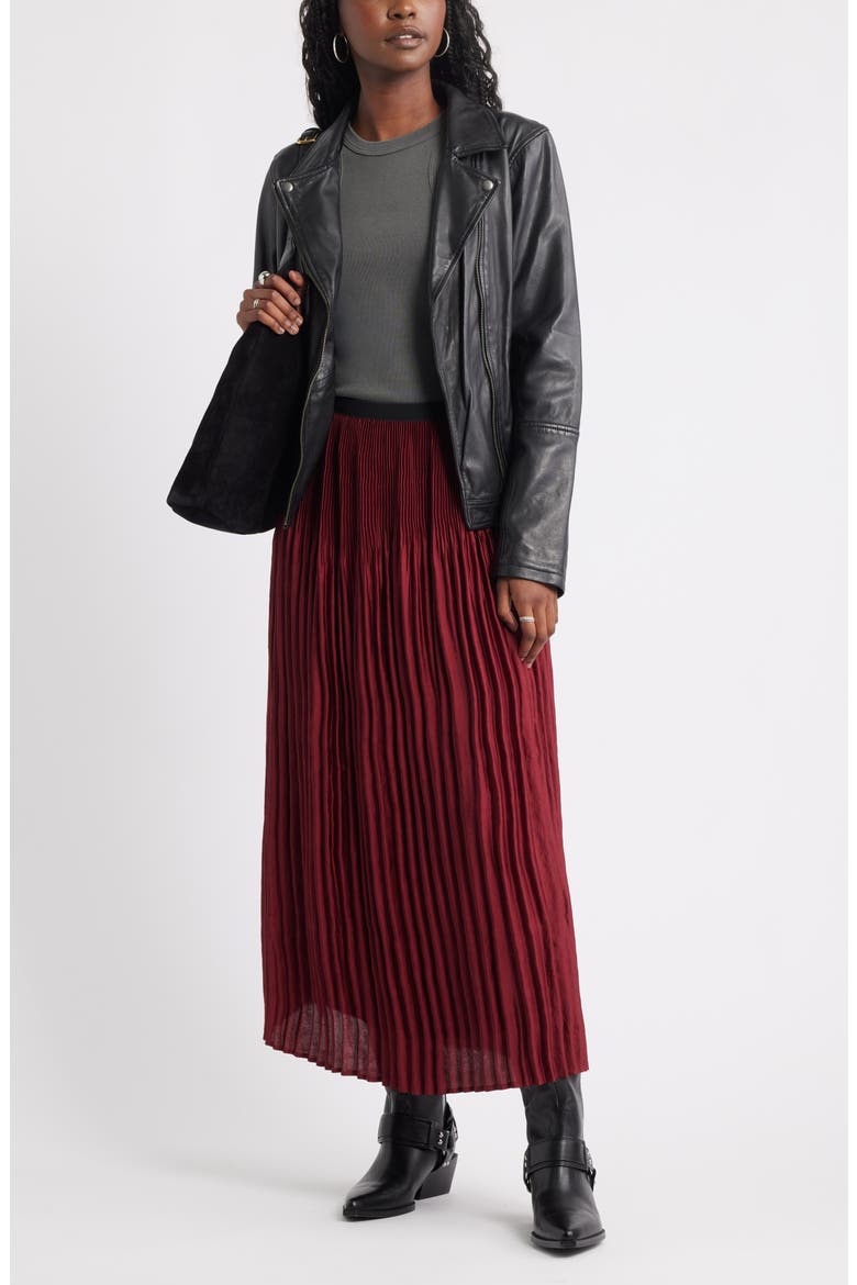 Pleated Satin Midi Skirt, Alternate, color, RED GRAPE