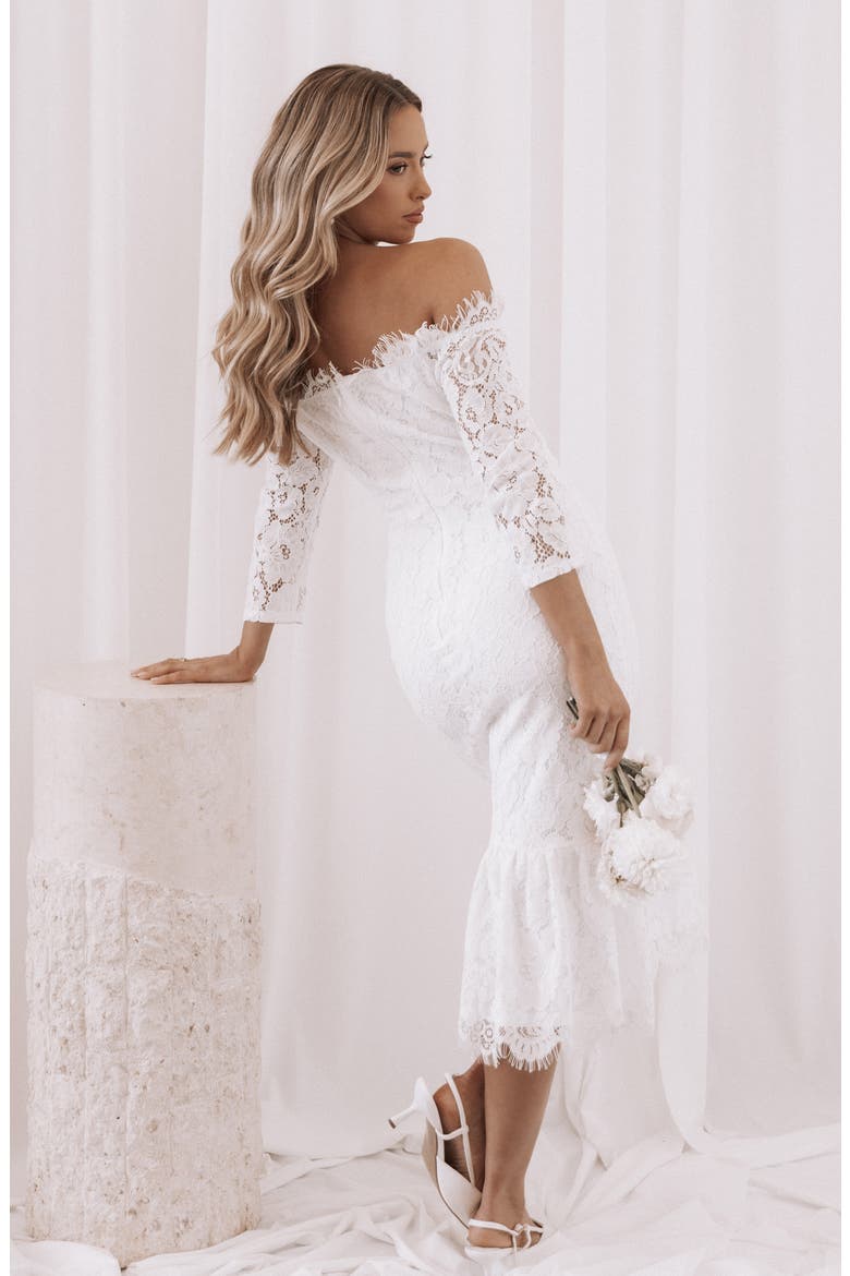 Lindy Lace Cold Shoulder Cocktail Midi Dress, Alternate, color, WHITE