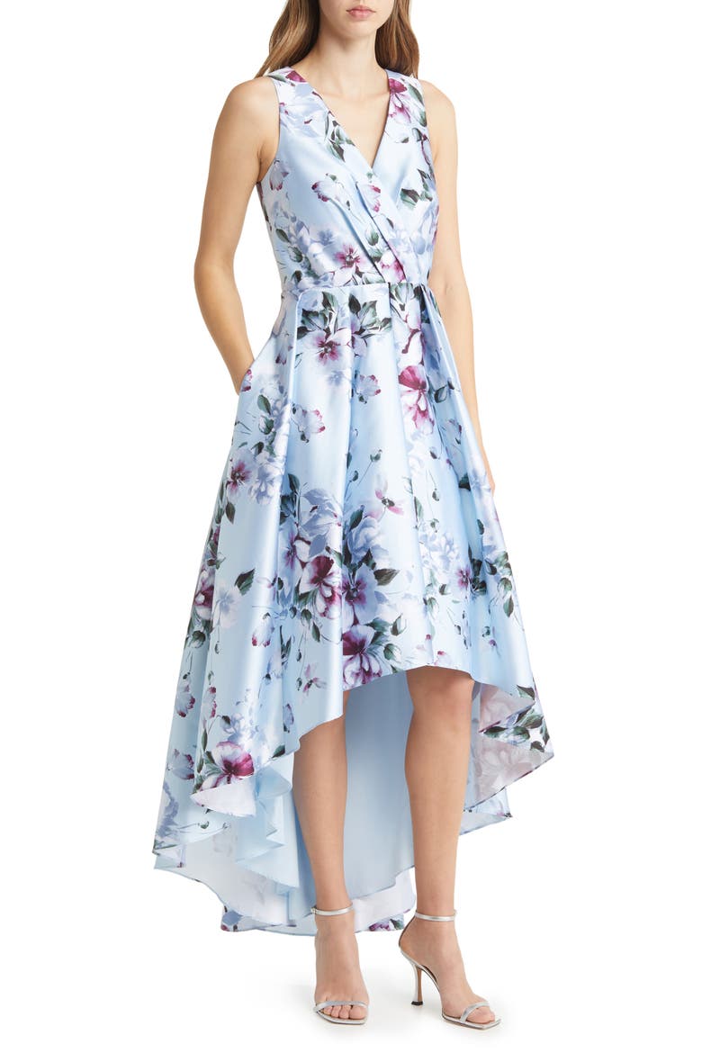 Floral High-Low Cocktail Dress, Main, color, SKY COMBO