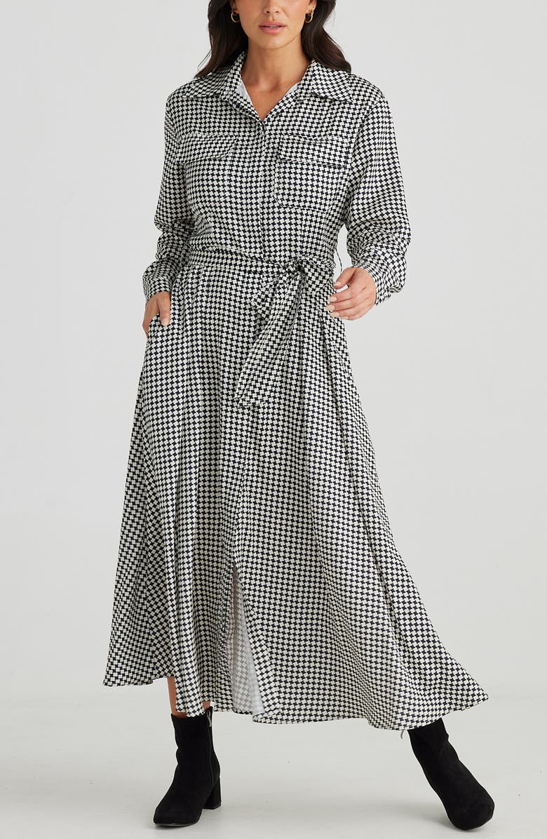 Brave+True Rossellini Houndstooth Check Long Sleeve Shirtdress, Alternate, color, Black Houndstooth