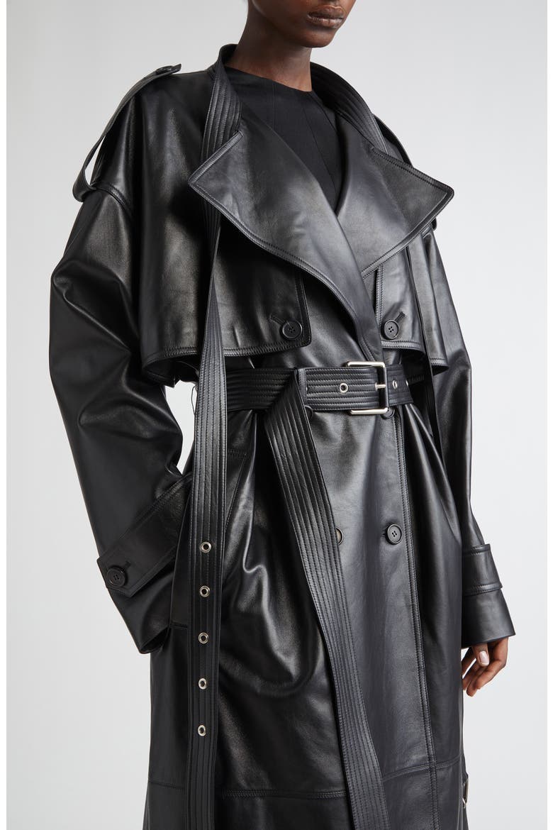Belt Neck Plongé Leather Trench Coat, Alternate, color, BLACK