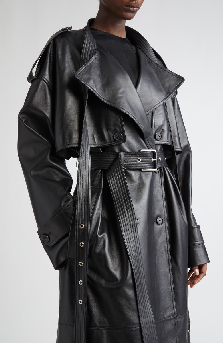 Michael Kors Collection Belt Neck Plongé Leather Trench Coat, Alternate, color, Black