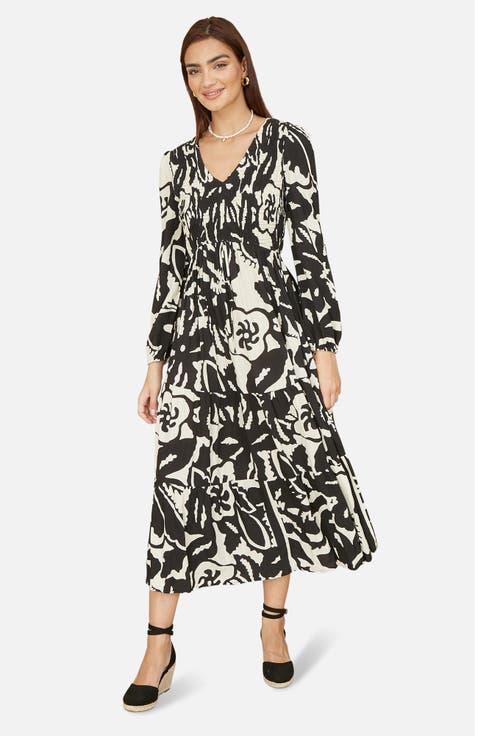 Abstract Print Ruched V-Neck Midi Dress