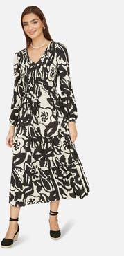 Yumi Abstract Print Ruched V-Neck Midi Dress