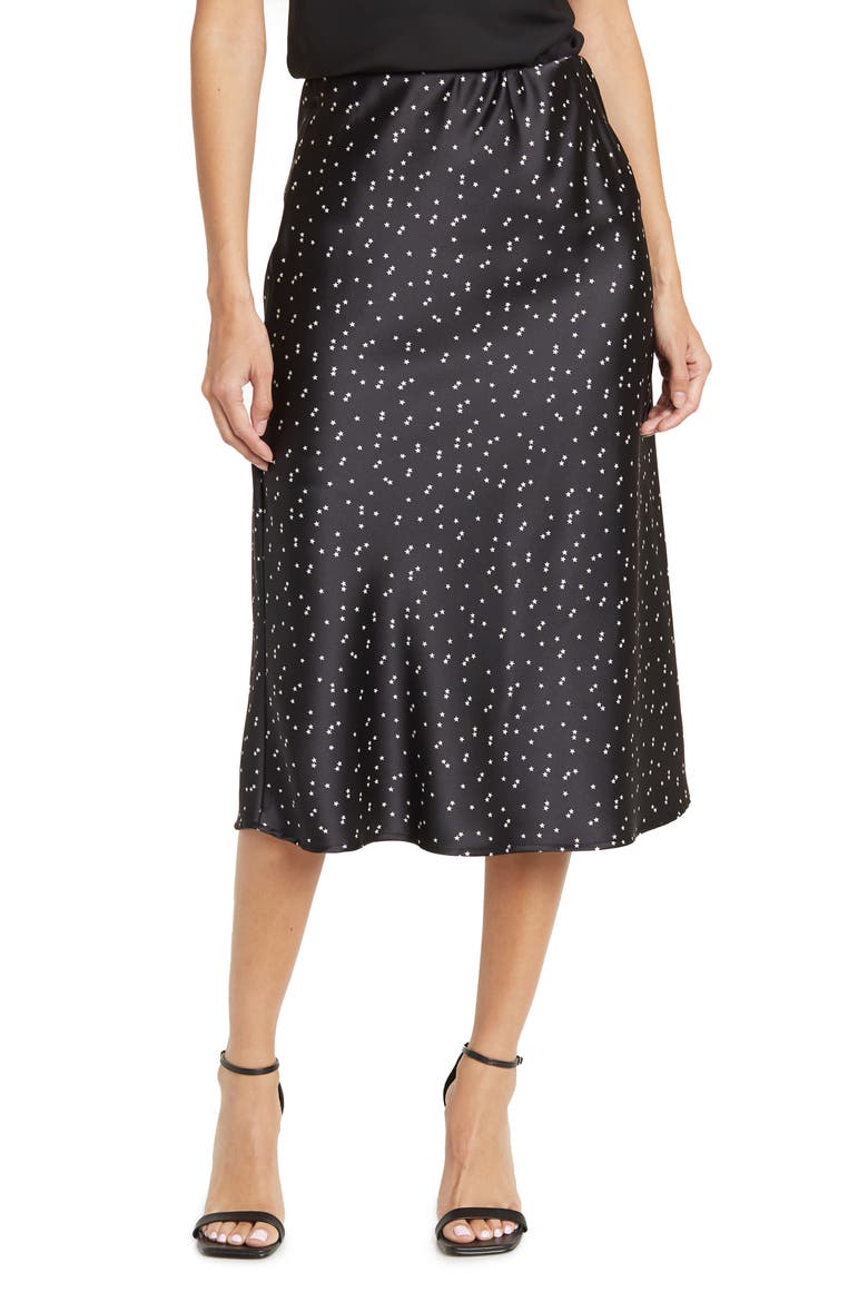 Star Print Satin Midi Skirt, Main, color, BLACK