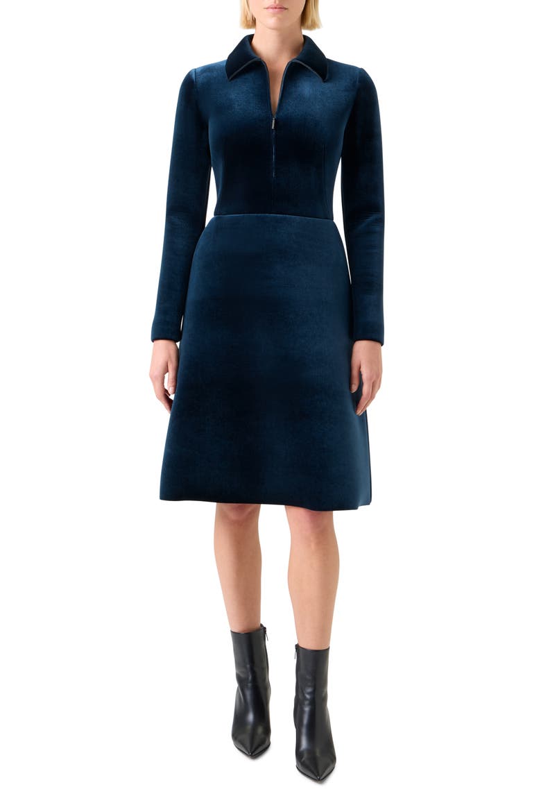 Long Sleeve Velvet Neoprene A-Line Shirtdress, Main, color, DENIM BLUE