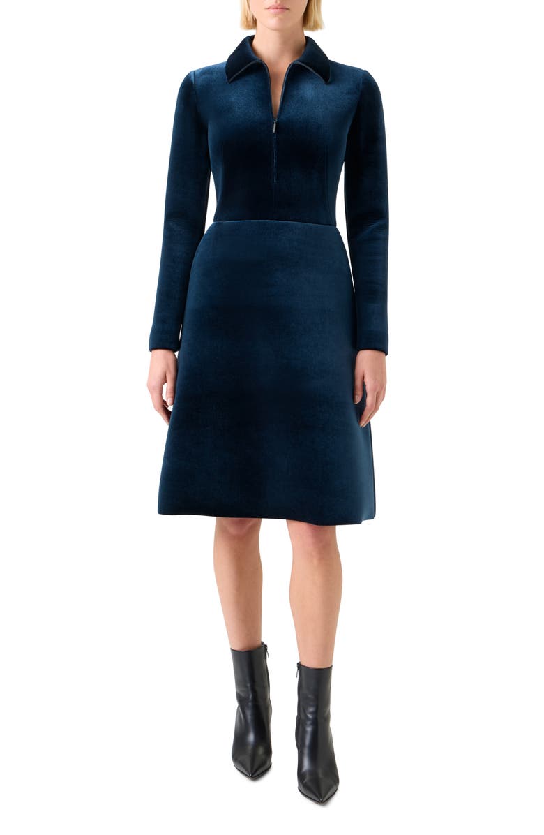 Akris Long Sleeve Velvet Neoprene A-Line Shirtdress, Main, color, Denim Blue