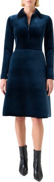 Akris Long Sleeve Velvet Neoprene A-Line Shirtdress