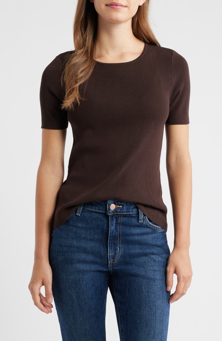Tahari ASL Short Sleeve Sweater, Main, color, Espresso
