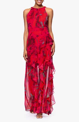Red Rose & Metallic Stripe Sleeveless Gown
