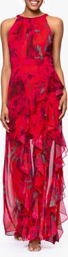 Betsy & Adam Red Rose & Metallic Stripe Sleeveless Gown