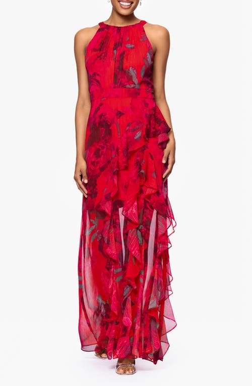Betsy & Adam Red Rose & Metallic Stripe Sleeveless Gown