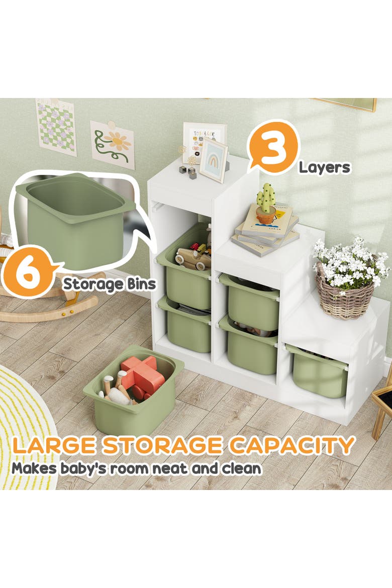 Kids Toy Storage Organizer with 6 Storage Bins & 3 Layers, Kids Bookshelf Toy Organizer for Aged 3-8 Years, Play Room, Bedroom, Green, Alternate, color, Green