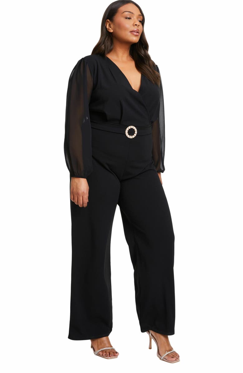 QUIZ Plus Size Buckle Detail Chiffon Sleeve Palazzo Jumpsuit, Alternate, color, 