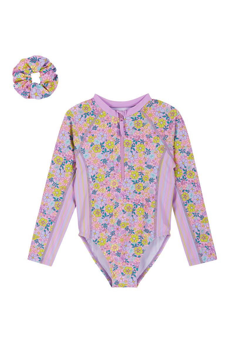 Kids' Long Sleeve One-Piece Rashguard Swimsuit & Scrunchie Set, Main, color, PURPLE MIX