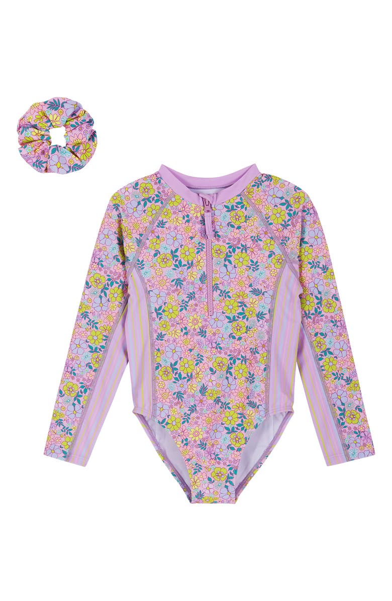 Andy & Evan Kids' Long Sleeve One-Piece Rashguard Swimsuit & Scrunchie Set, Main, color, Purple Mix