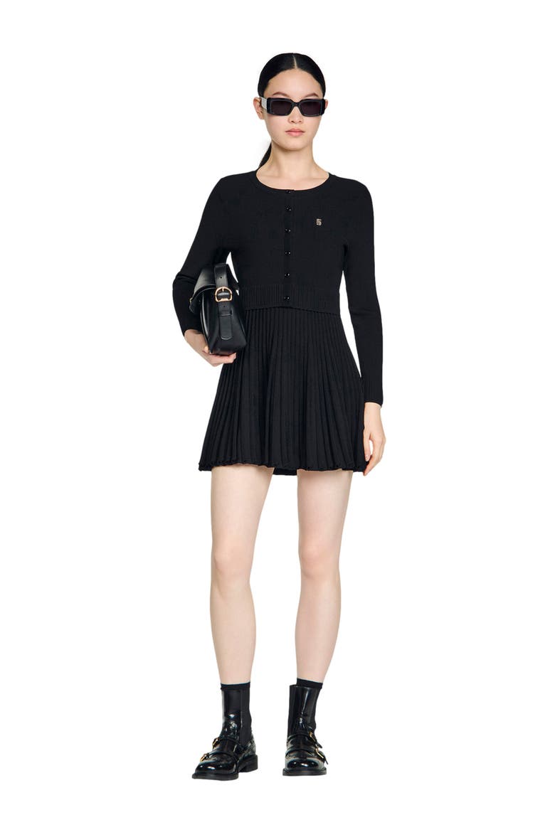 Pleated knit short dress, Alternate, color, Black