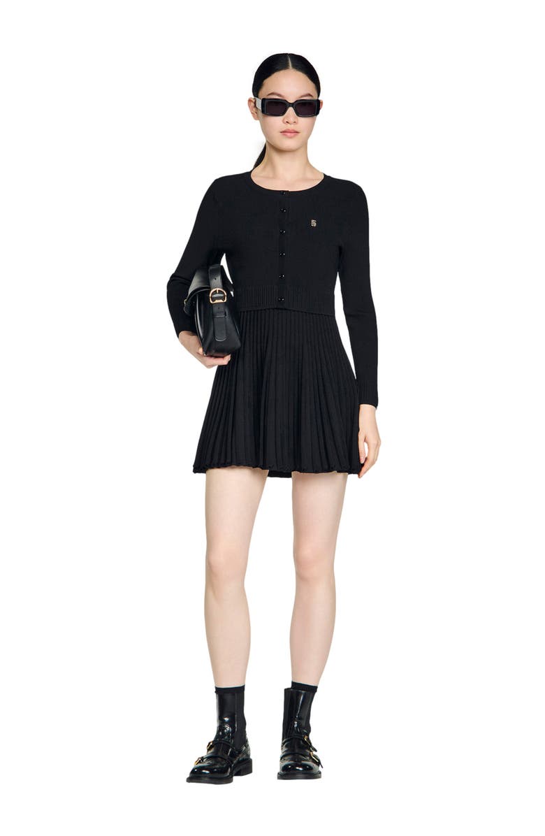 SANDRO Pleated knit short dress, Alternate, color, Black
