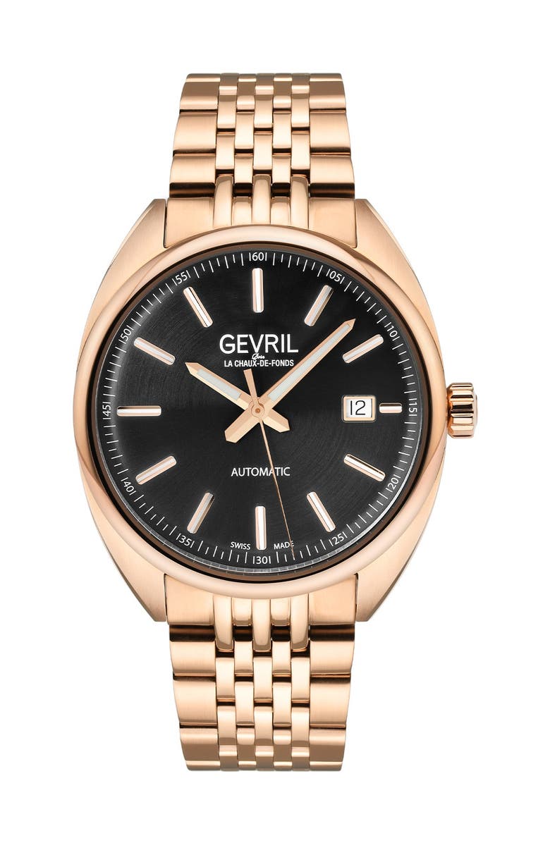 GEVRIL Five Points Black Dial Rose Gold Watch, 44.5 mm, Main, color,